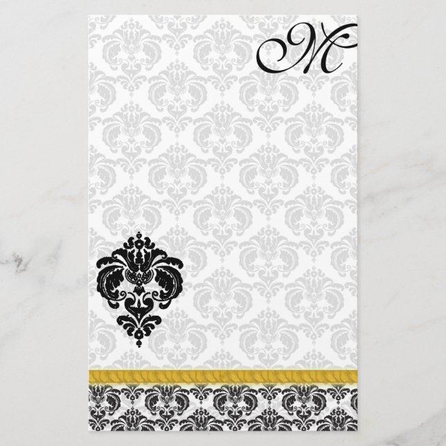 Svart och vit Damask Monogram Guld Ribbon Brevpapper (Framsida)