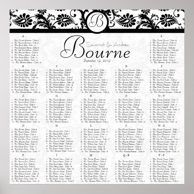Svart och vit Damask-reception Stol placeringskart Poster (Framsidan)