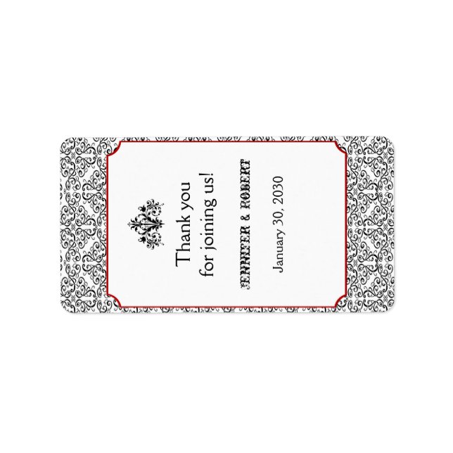 Svart och vit Damask Red Bröllop Lip Balm-etikett Adressetikett (Framsidan)