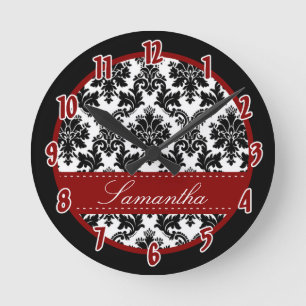 Svart och vit Damask Snöre Red Personlig Clock Rund Klocka
