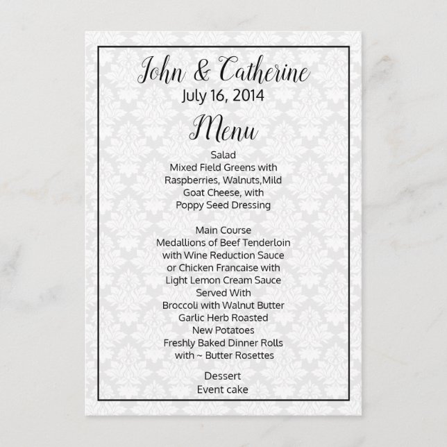 Svart och vit Damask Wedding Bord Menu Meny (Framsida)