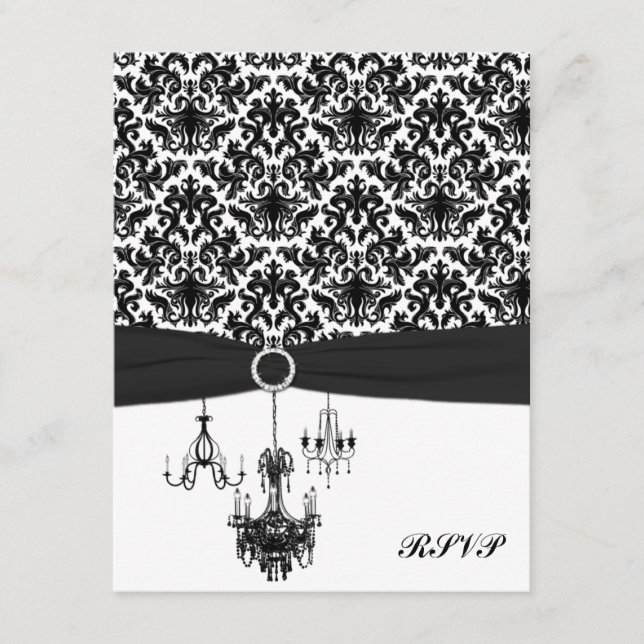 Svart och vit damaskus med ljuskronor svarsbrevsko OSA kort (Framsida)