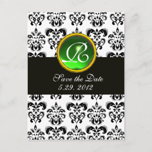 SVART OCH VIT DAMAST GRÖN EMERALD MONOGRAM MEDDELANDE VYKORT
