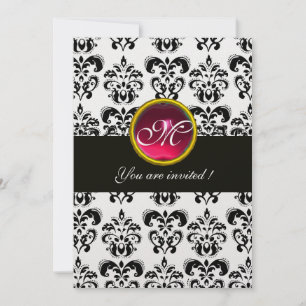 SVART OCH VIT DAMAST-MONOGRAM, röd rubin, fuchsia Inbjudningar