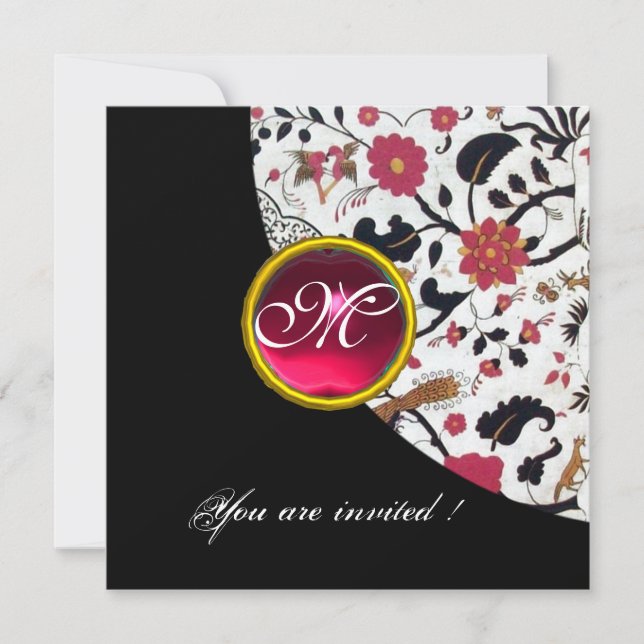SVART OCH VIT DAMAST-MONOGRAM, röd rubin, Inbjudningar (Framsida)