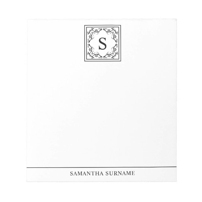 Svart och vit dekorativ ram Anpassad monogram Anteckningsblock (Framsida)