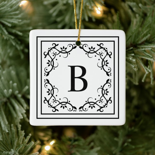 Svart och vit dekorativ ram anpassad monogram julgransprydnad keramik (Träd)