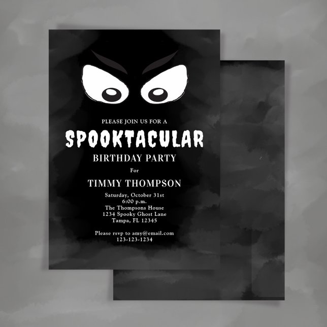 Svart och vit-dektaculär Födelsedagsfest Inbjudningar (Whimsical Halloween Birthday party invitation with black and white ghost eyes. )