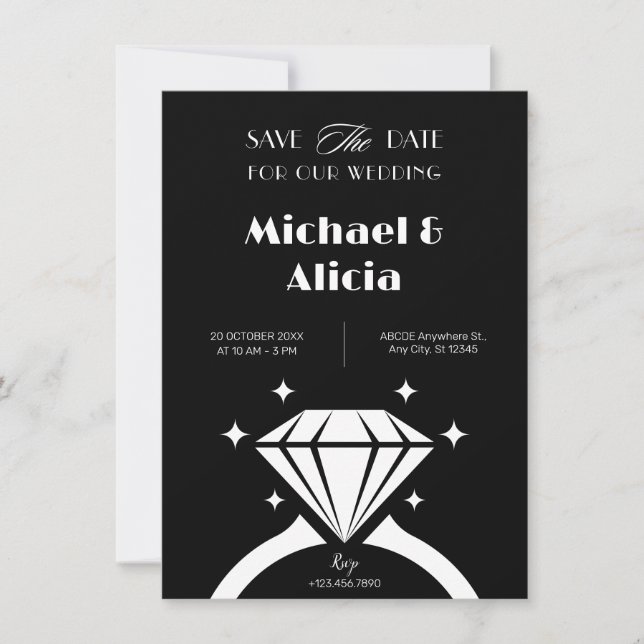 Svart och vit diamant ring bröllop minimalistisk  spara datumet (Framsida)
