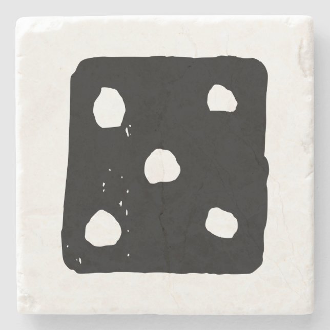 Svart och vit Dice #5 Rustic Linocut Stenunderlägg (Framsidan)