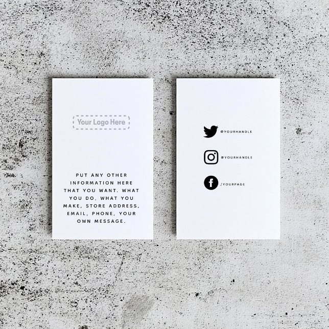 Svart och vit dina logotyp social-länkar tilläggskort (Simple white insert card with space for your logo and message and social media details)