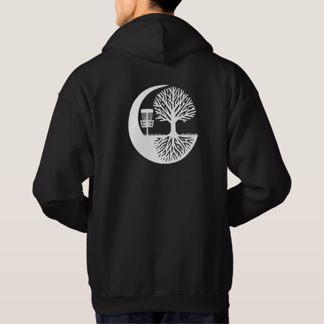 Svart och vit Disc Golf och träd rötter   Hoodie (Baksida)