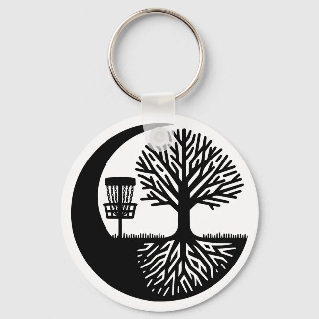 Svart och vit Disc Golf Siluett  Nyckelring (Framsida)