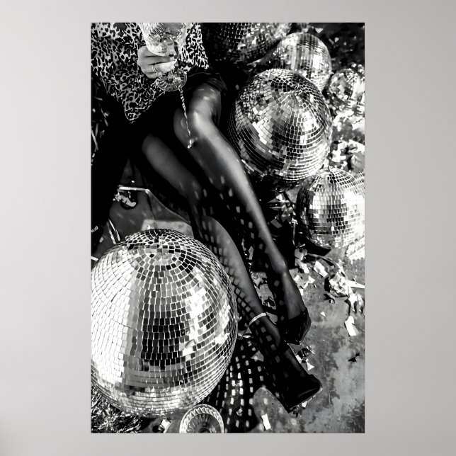 Svart och vit Disco Boll Tryck, Cocktail Poster (Framsidan)