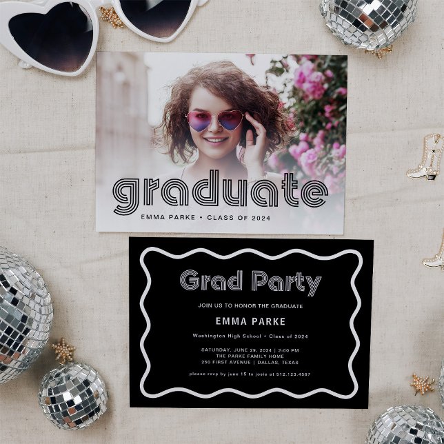 Svart och vit diskotext och foto | Grad Party Meddelande (Skapare uppladdad)