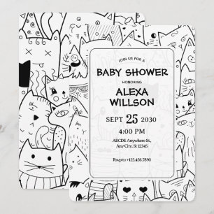 Svart och vit dodle-katter BABY SHOWER Inbjudningar