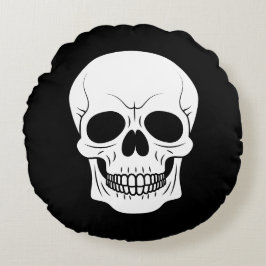 Svart Och Vit Dödskalle Huvud Grinar Halloween Rund Kudde
