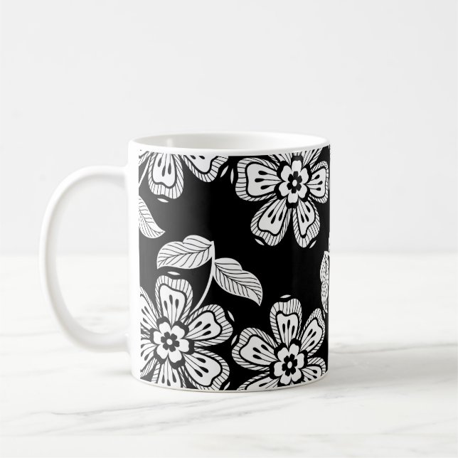 Svart och vit doodlblomma, mönstersvart,abstrakt kaffemugg (Vänster)