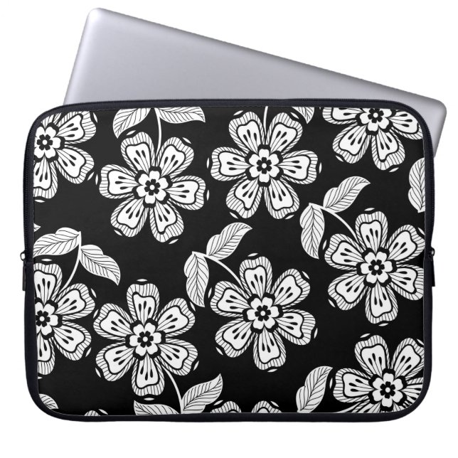 Svart och vit doodlblomma, mönstersvart,abstrakt laptop fodral (Framsidan)