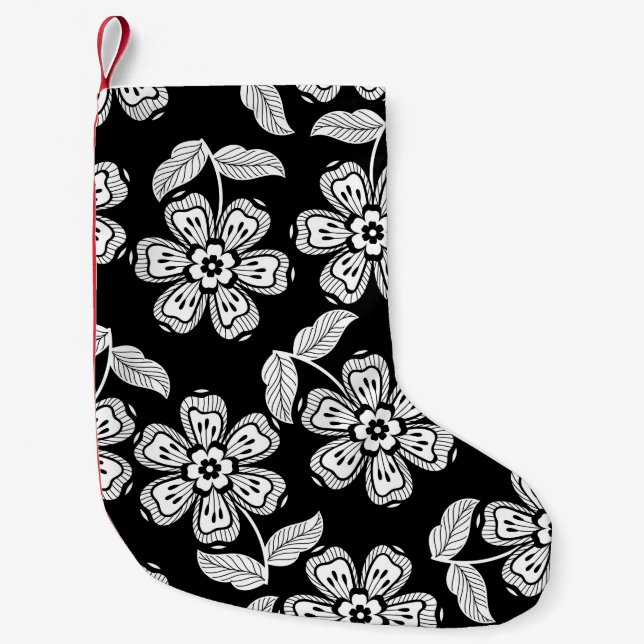 Svart och vit doodlblomma, mönstersvart,abstrakt liten julstrumpa (Framsidan)