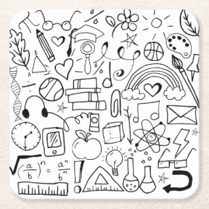 Svart och vit Doodle School Art Underlägg Papper Kvadrat