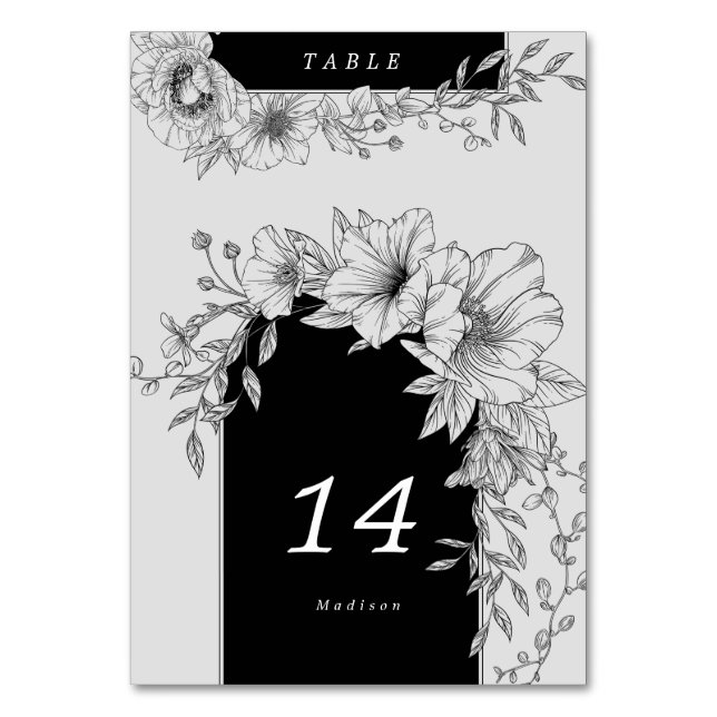Svart och vit elegant blomsterbordskort bordsnummer (Framsidan)
