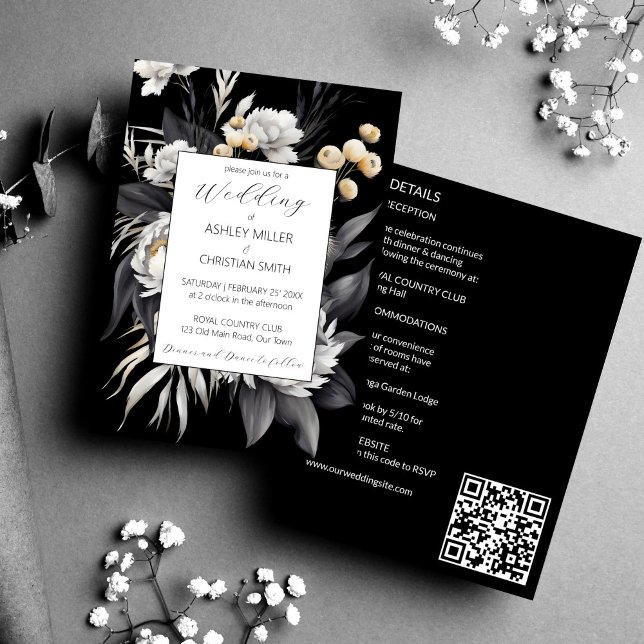 Svart och vit elegant boho alla i ett bröllop inbjudningar (Black and white elegant boho flowers all in one wedding editable template invitation digital downloa)