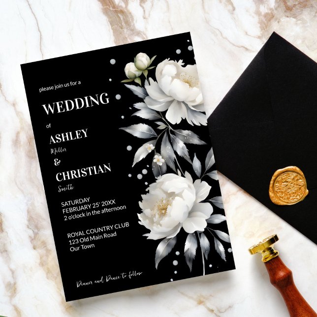 Svart och vit elegant boho alla i ett bröllop inbjudningar (Black and white elegant boho flower all in one wedding editable template invitation digital download)