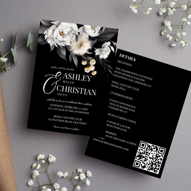 Svart och vit elegant boho alla i ett bröllop inbjudningar (Black and white elegant boho all in one wedding editable template invitation digital download )