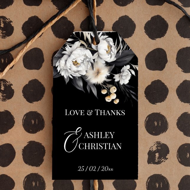 Svart och vit elegant boho bröllopsförmån presentetikett (Black and white elegant boho wedding favor gift tags black favor tags white peonies)