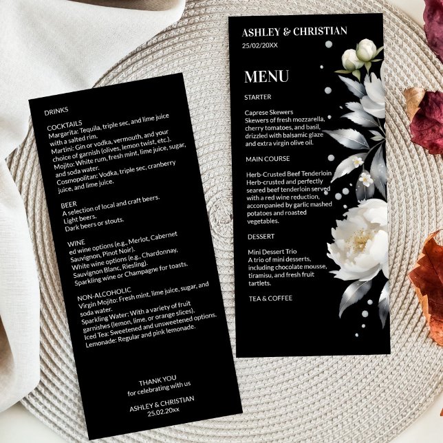 Svart och vit elegant boho bröllopsmall meny (Black and white elegant boho wedding template menu card white silver peonies black menu cards)