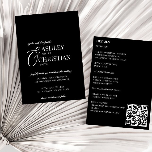 Svart och vit elegant enkel allt på en bröllop inbjudningar (Black and white elegant simple minimalist all in one wedding invitation template instant download)