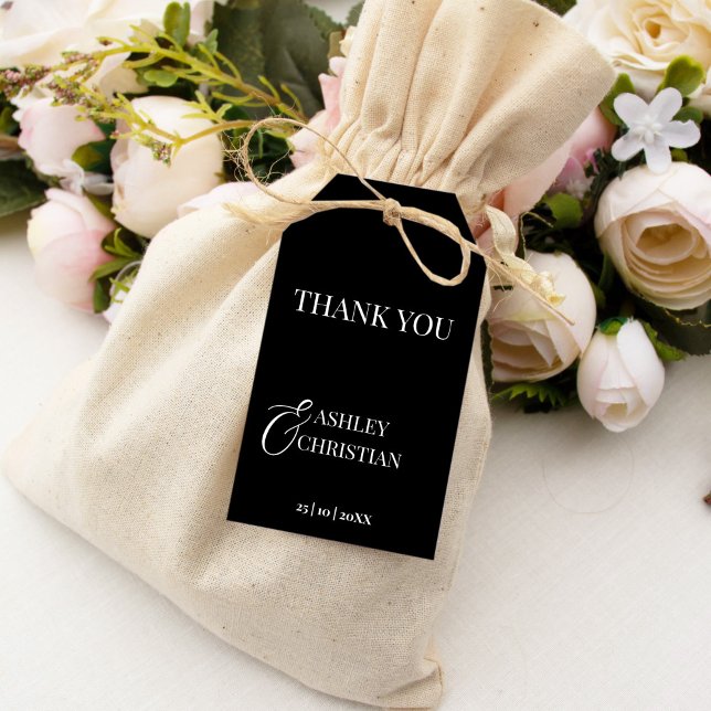 Svart och vit elegant - enkel bröllopsförmån presentetikett (Black and white elegant simple wedding thank you favor gift tags black favor tags printed favor tags)