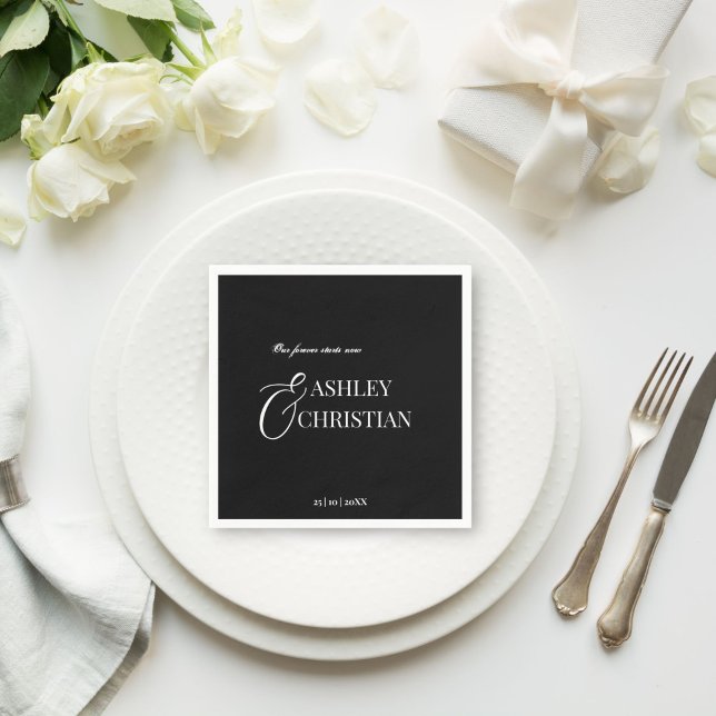 Svart och vit elegant, enkelt, i monogramformat tr pappersservett (Black and white elegant simple monogram printed napkins template personalized wedding tableware deco)