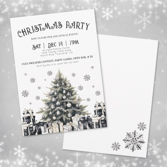 Svart och vit Elegant - inbjudan till julfest (Black & White Elegant Christmas Party Invitation)