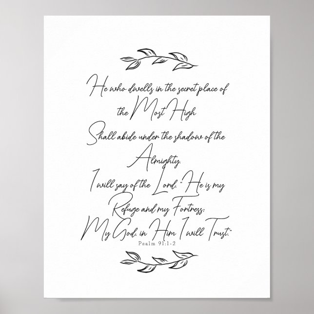 Svart och Vit Elegant Löv Psalm 91 Kristna Poster (Framsidan)