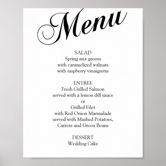 Svart och vit elegant meny för bröllop i script-st poster (Framsidan)