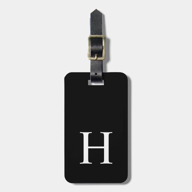 Svart och Vit Elegant Modern Monogram Bagagebricka (Vertikal Framsida)