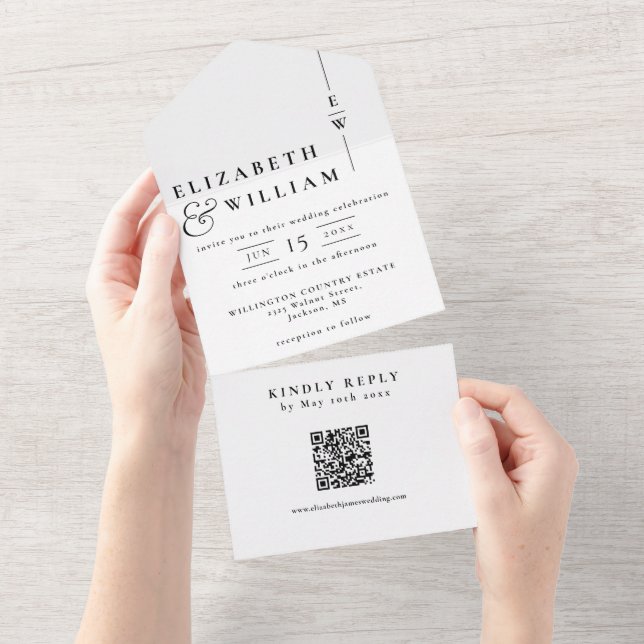 Svart och vit elegant monogram QR-kod bröllop (Avrivbar del)