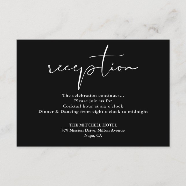 Svart och vit Elegant-skript, bröllopsmottagning Tilläggskort (Framsida)