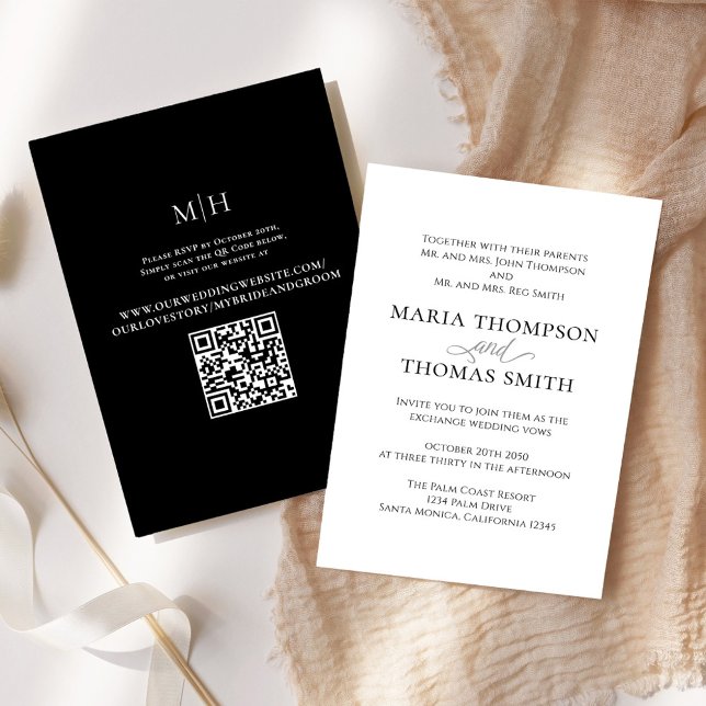 Svart och vit enkel Elegant, niimalist Inbjudningar (Simple black and white wedding invitation with scannable QR code. )