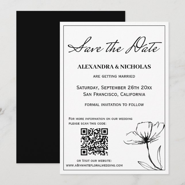 Svart och vit enkel Elegant Spara datum Datumet (Fram/baksida)