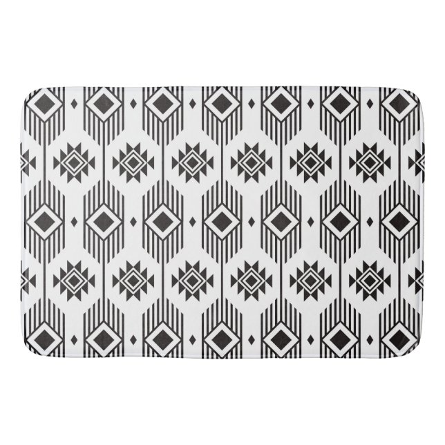 Svart och vit etnisk ikat geometric mönster badrumsmatta (Framsidan)
