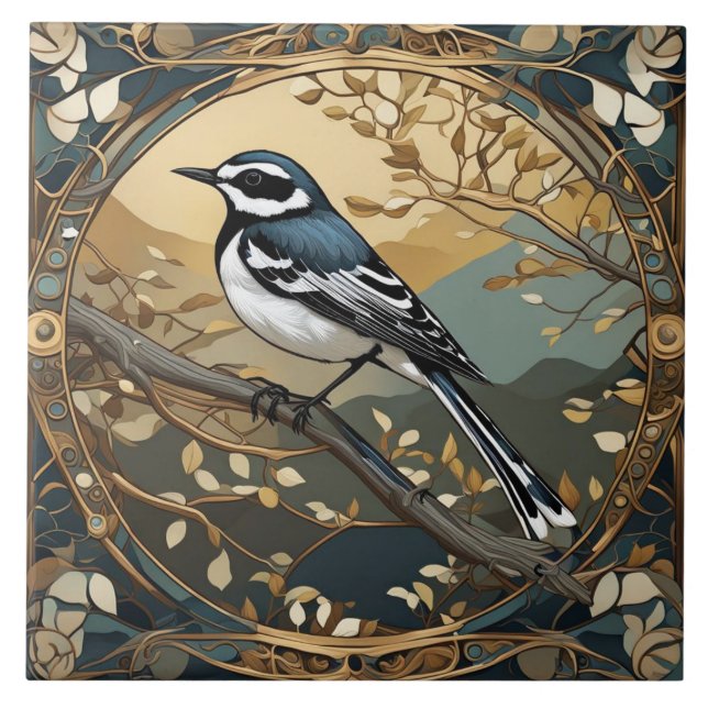 Svart och vit fågel Art nouveau Art Deco Kakelplatta (Framsidan)