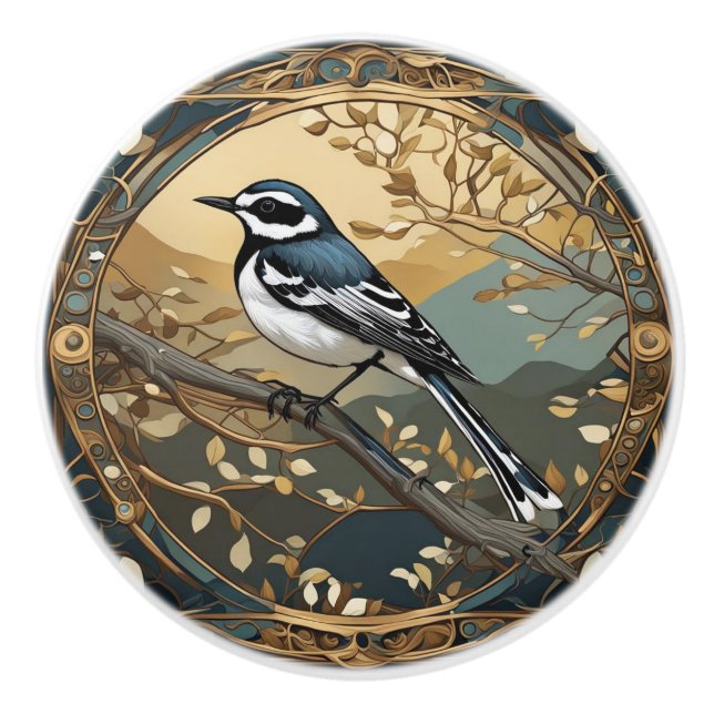 Svart och vit fågel Art nouveau Art Deco Knopp (Framsidan)