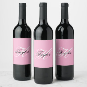 Svart och vit fån monogram rosa vinflaska etikett