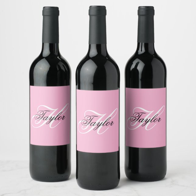 Svart och vit fån monogram rosa vinflaska etikett (Flaskor)