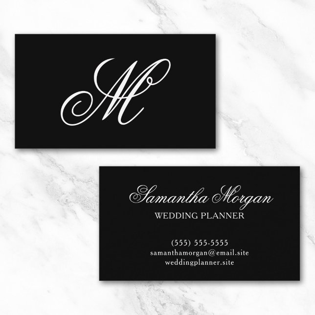 Svart och vit fån monogram visitkort (Black and White Fancy Monogram Business Card)