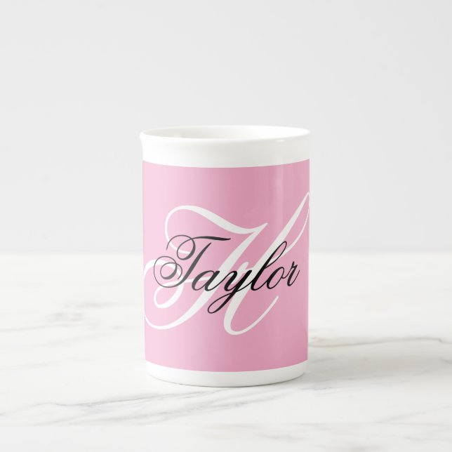 Svart och vit Fancy Monogram Rosa Benporslin Mugg (Framsidan)
