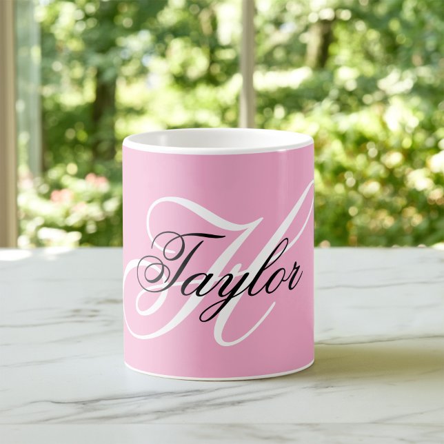 Svart och vit Fancy Monogram Rosa Kaffemugg (Black and White Fancy Monogram Pink Coffee Mug)